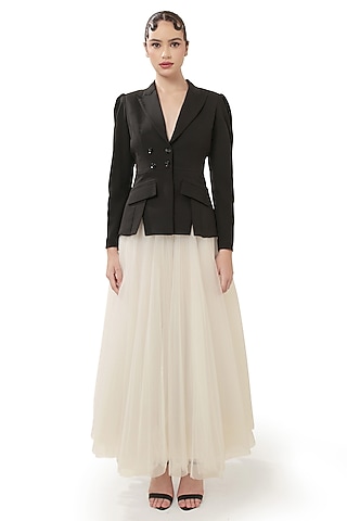 Black Moss Crepe Backless Hourglass Blazer by Bharat Adiani