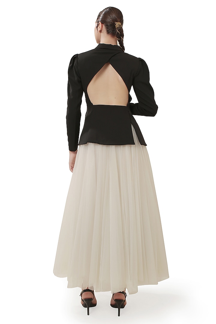 Black Moss Crepe Backless Hourglass Blazer by Bharat Adiani at Pernia's Pop Up Shop