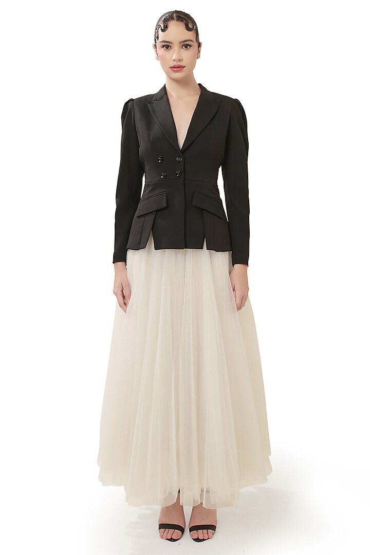 Black Moss Crepe Backless Blazer Set by Bharat Adiani at Pernia's Pop Up Shop