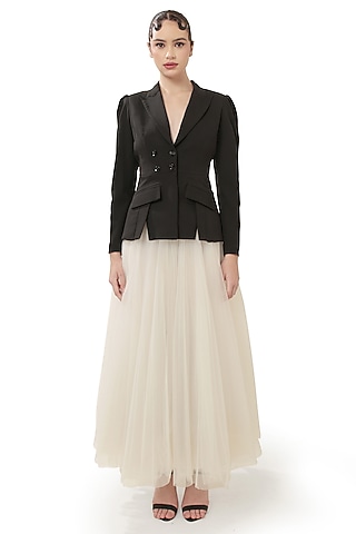 Black Moss Crepe Backless Blazer Set by Bharat Adiani