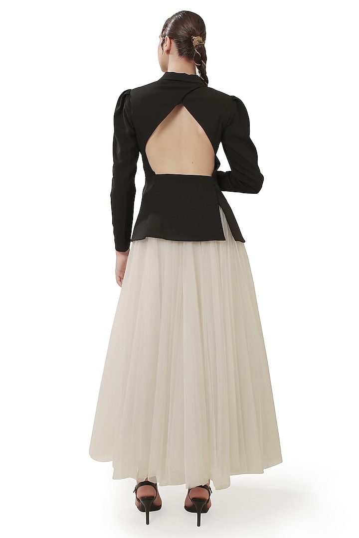 Black Moss Crepe Backless Blazer Set by Bharat Adiani at Pernia's Pop Up Shop