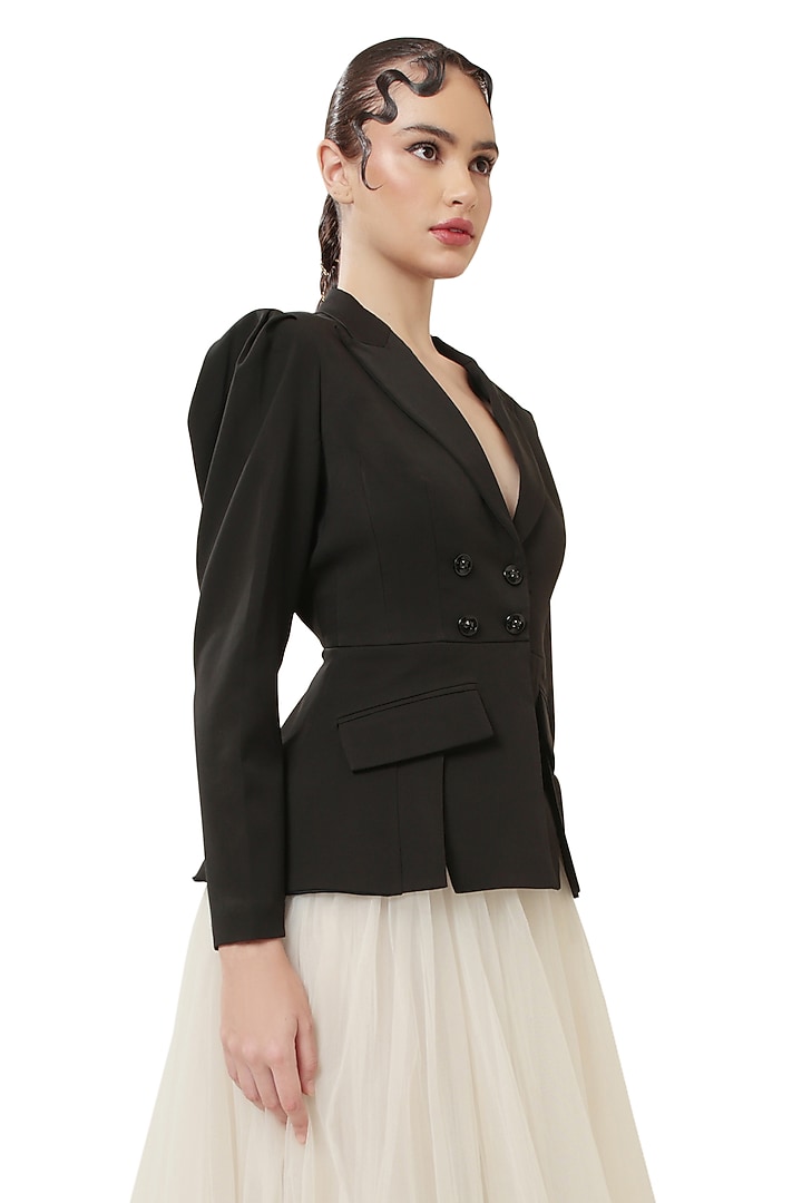 Black Moss Crepe Backless Blazer Set by Bharat Adiani at Pernia's Pop Up Shop