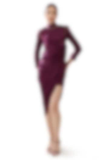 Purple Velvet Satin Textured & Embellished High-Low Drape Vacation Dress by Bharat Adiani at Pernia's Pop Up Shop
