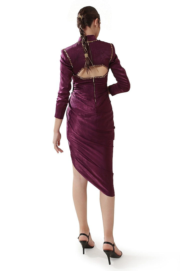 Purple Velvet Satin Textured & Embellished High-Low Drape Vacation Dress by Bharat Adiani at Pernia's Pop Up Shop
