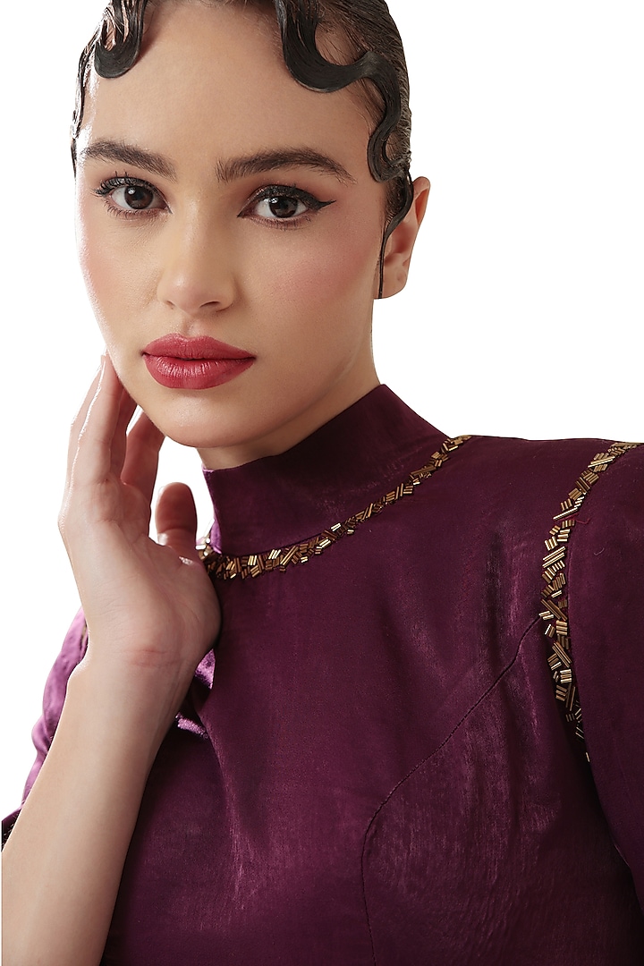 Purple Velvet Satin Textured & Embellished High-Low Drape Vacation Dress by Bharat Adiani at Pernia's Pop Up Shop