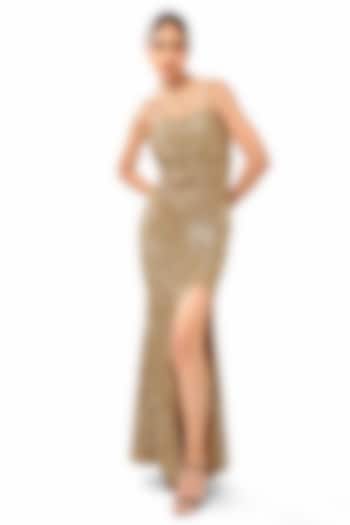Gold Satin Textured & Embellished Engagement Gown by Bharat Adiani at Pernia's Pop Up Shop
