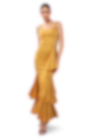 Yellow Velvet Satin Ruffle Sculpted Bodycon Vacation Dress by Bharat Adiani at Pernia's Pop Up Shop
