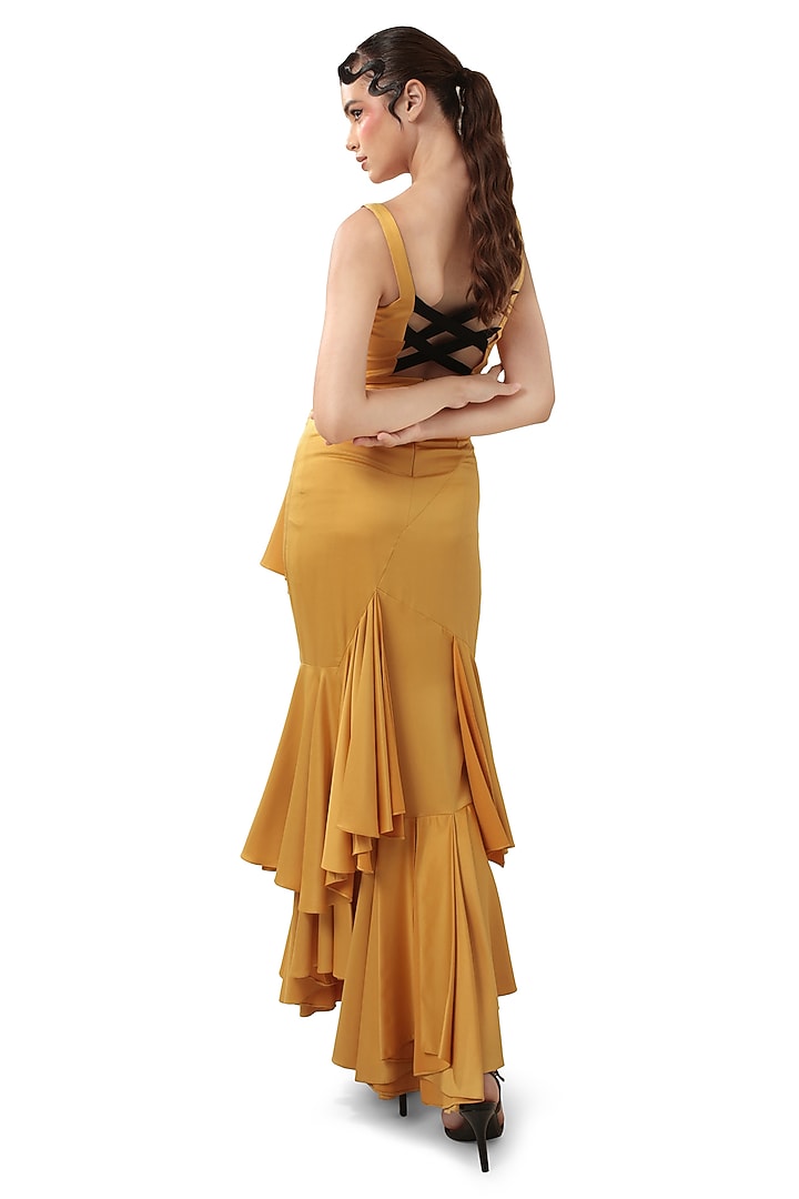 Yellow Velvet Satin Ruffle Sculpted Bodycon Vacation Dress by Bharat Adiani at Pernia's Pop Up Shop