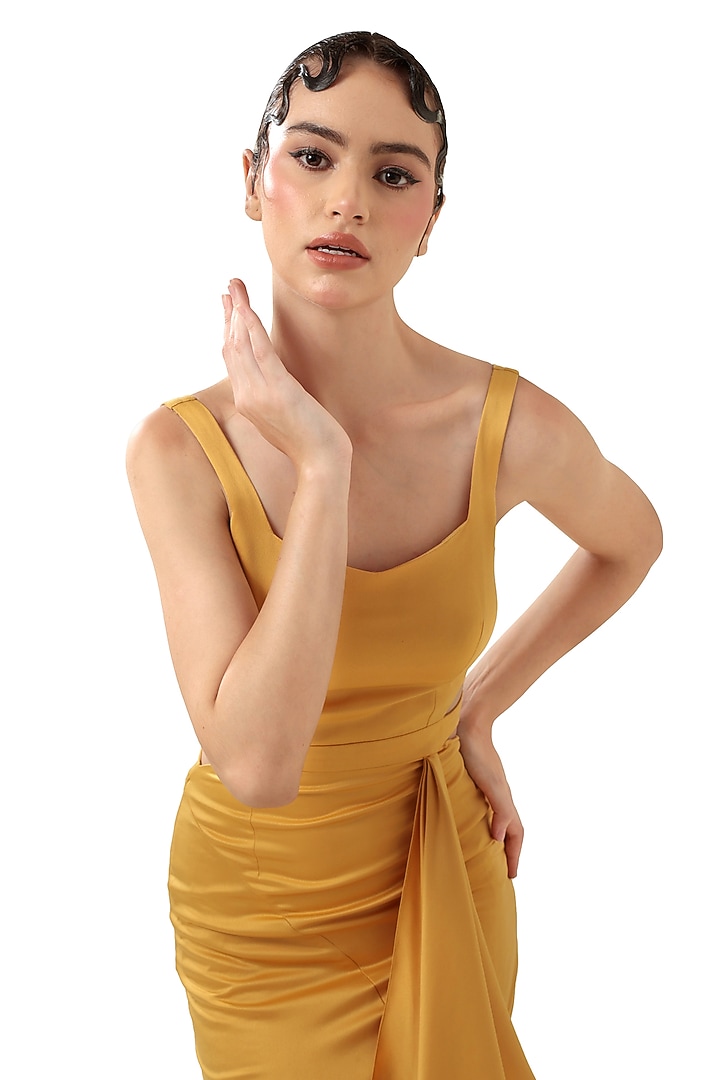 Yellow Velvet Satin Ruffle Sculpted Bodycon Vacation Dress by Bharat Adiani at Pernia's Pop Up Shop
