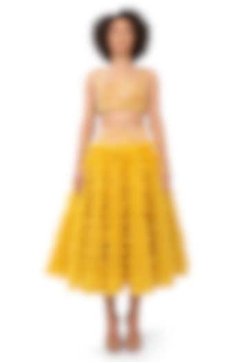 Yellow Natural Crepe Texture Embellished Ruffle Wedding Lehenga Set by Bharat Adiani at Pernia's Pop Up Shop