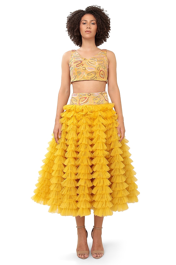 Yellow Natural Crepe Texture Embellished Ruffle Wedding Lehenga Set by Bharat Adiani at Pernia's Pop Up Shop
