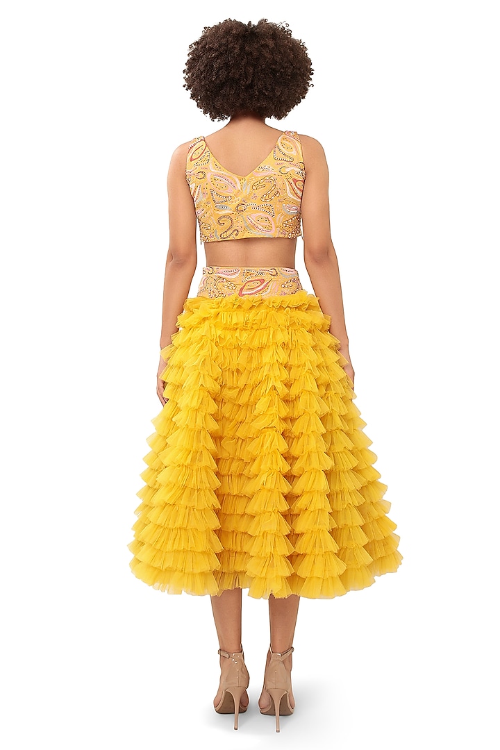 Yellow Natural Crepe Texture Embellished Ruffle Wedding Lehenga Set by Bharat Adiani at Pernia's Pop Up Shop