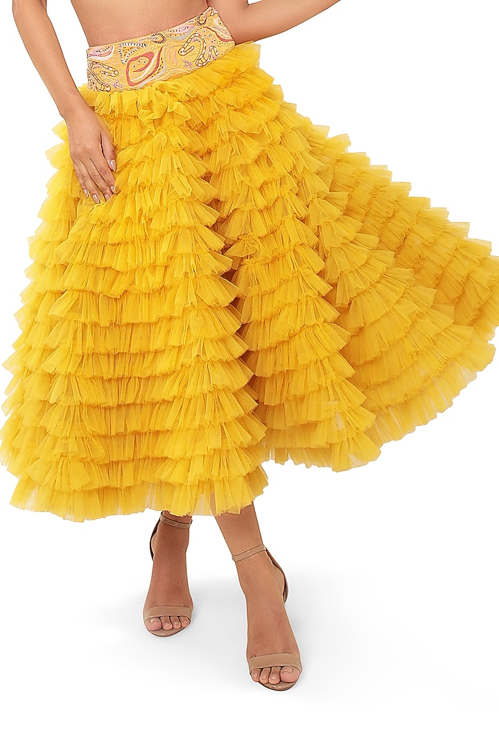 Yellow Natural Crepe Texture Embellished Ruffle Wedding Lehenga Set by Bharat Adiani at Pernia's Pop Up Shop