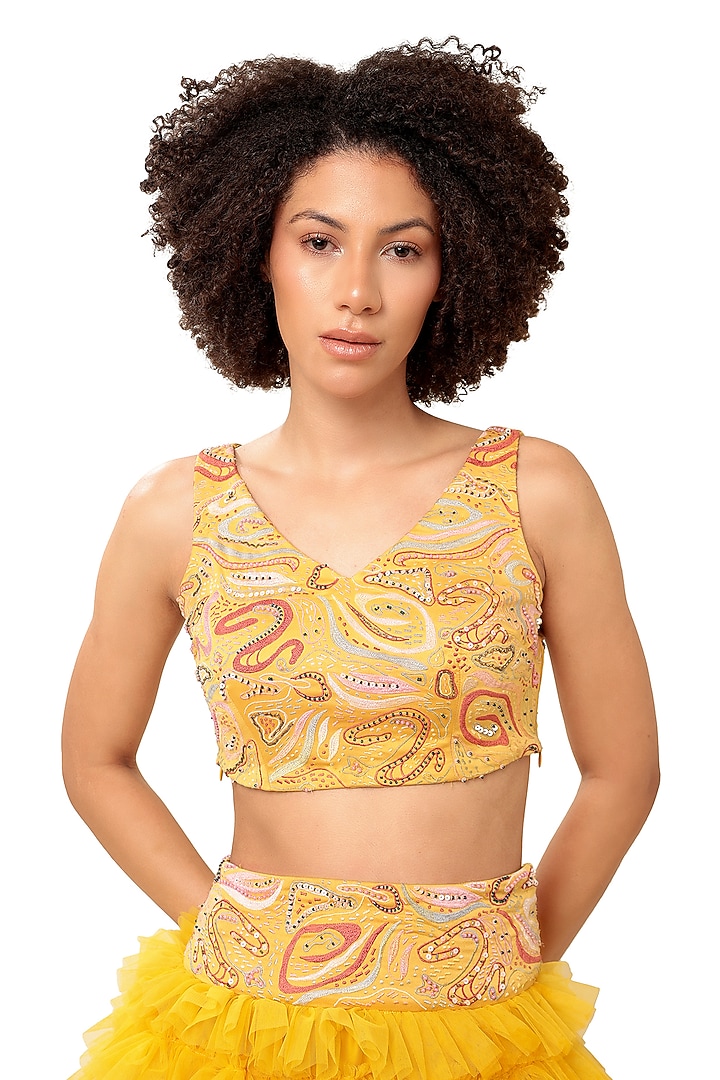 Yellow Natural Crepe Texture Embellished Ruffle Wedding Lehenga Set by Bharat Adiani at Pernia's Pop Up Shop