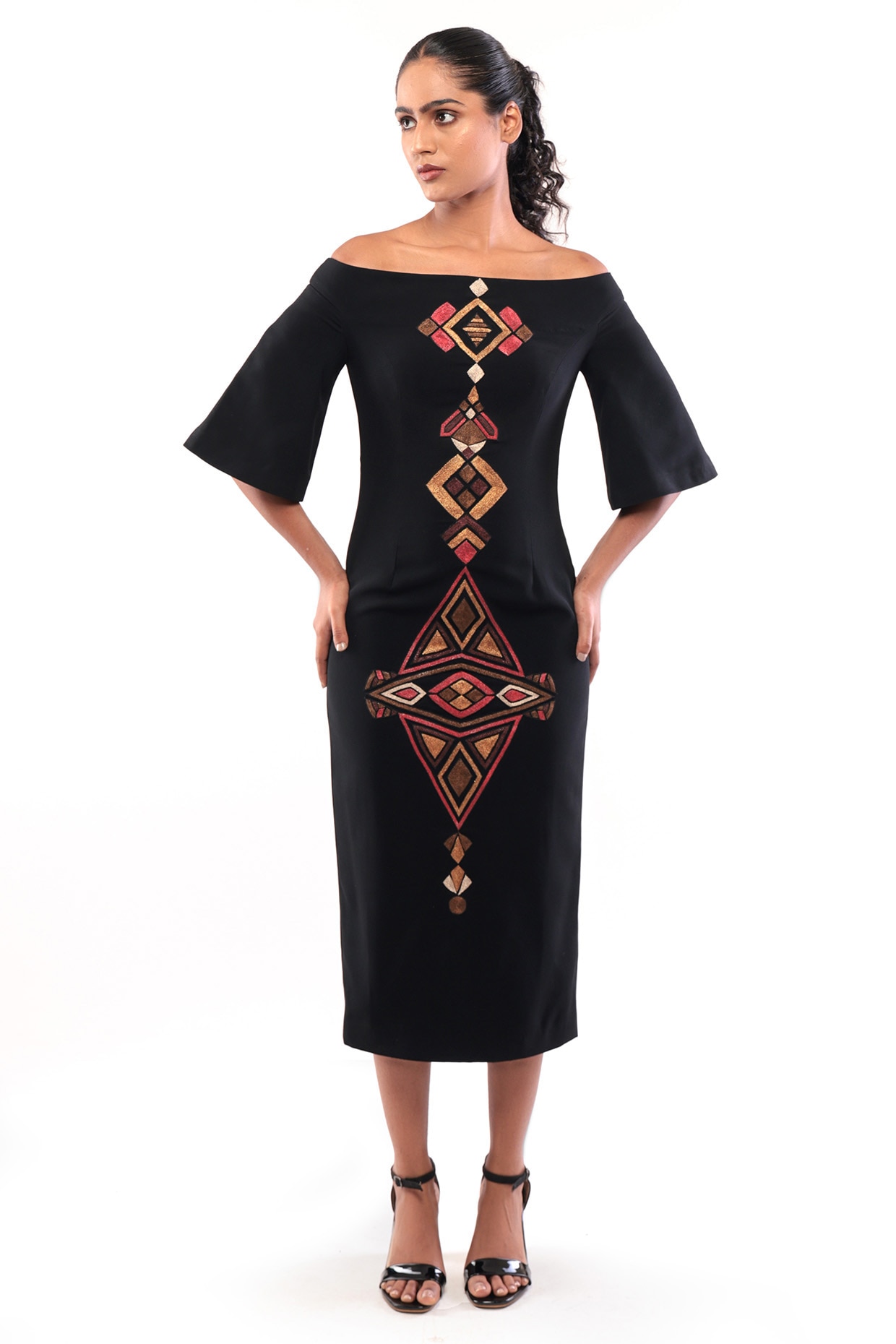 Bharat Adiani Black Moss Crepe Geometric Zari Embroidered Bodycon Dress