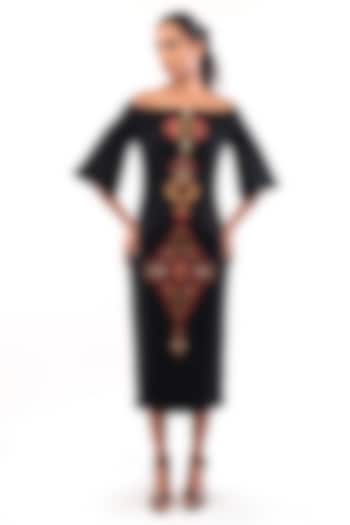 Black Moss Crepe Geometric Zari Embroidered Bodycon Vacation Dress by Bharat Adiani at Pernia's Pop Up Shop
