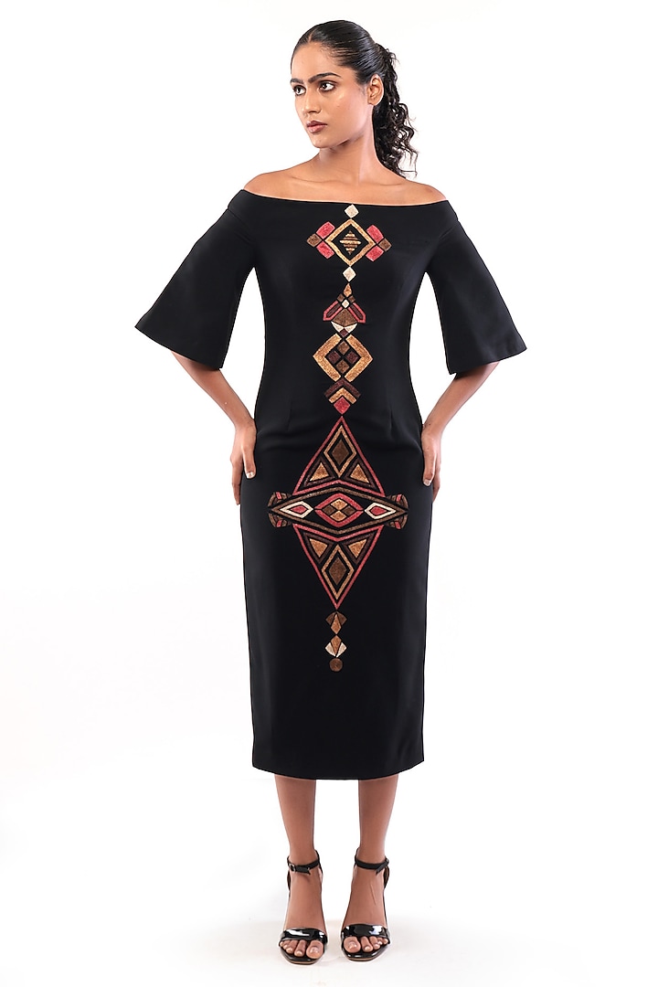 Black Moss Crepe Geometric Zari Embroidered Bodycon Vacation Dress by Bharat Adiani at Pernia's Pop Up Shop