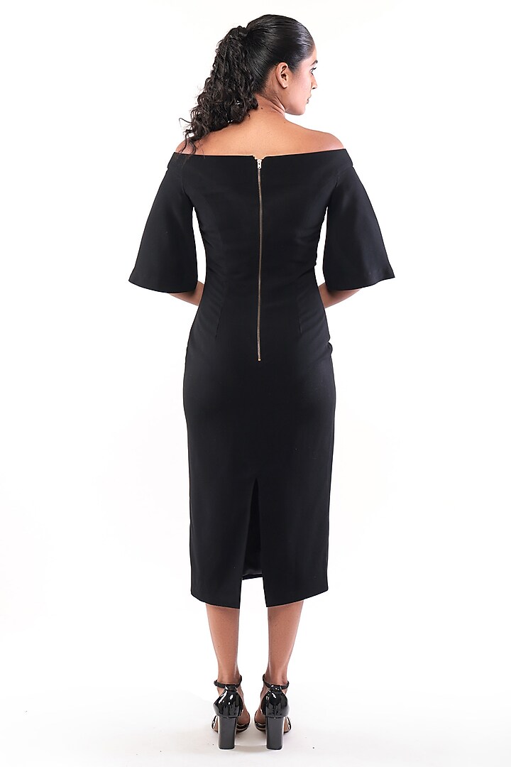 Black Moss Crepe Geometric Zari Embroidered Bodycon Vacation Dress by Bharat Adiani at Pernia's Pop Up Shop
