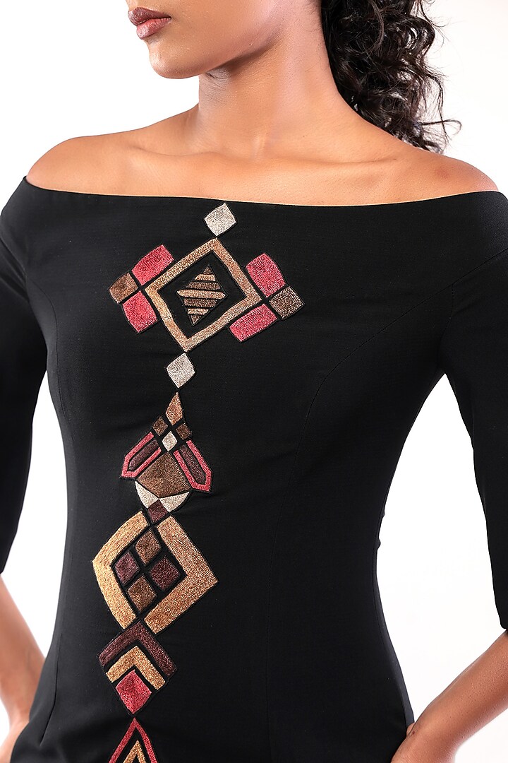 Black Moss Crepe Geometric Zari Embroidered Bodycon Vacation Dress by Bharat Adiani at Pernia's Pop Up Shop