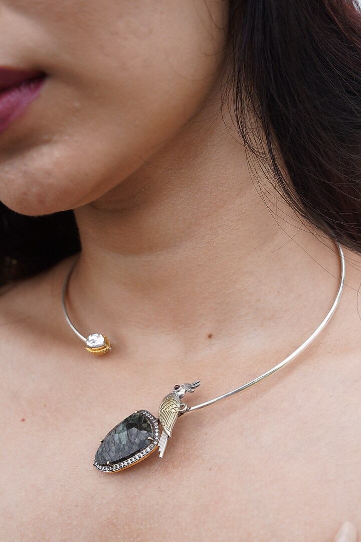 Gold Finish Grey Sapphire & Kundan Polki Stone Choker Necklace In Sterling Silver by Bhatter's at Pernia's Pop Up Shop