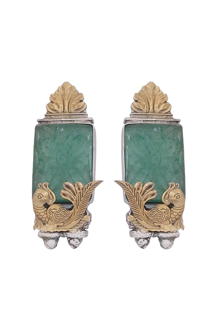 Gold Finish Green Carved Aventurine Stone & Peacock Motif Dangler Earrings In Sterling Silver by Bhatter's