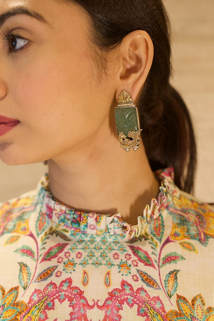 Gold Finish Green Carved Aventurine Stone & Peacock Motif Dangler Earrings In Sterling Silver by Bhatter's at Pernia's Pop Up Shop