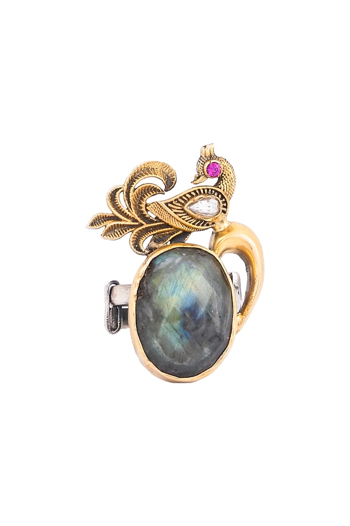 Gold Finish Turquoise Labradorite Stone & Peacock Motif Ring In Sterling Silver by Bhatter's