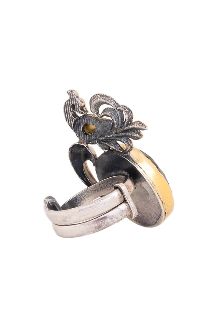 Gold Finish Turquoise Labradorite Stone & Peacock Motif Ring In Sterling Silver by Bhatter's at Pernia's Pop Up Shop