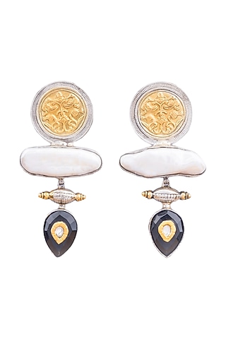 White Finish Mother Of Pearls & Black Onyx Stone Dangler Earrings In Sterling Silver by Bhatter's
