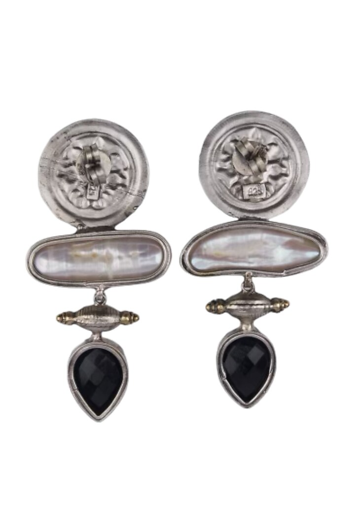 White Finish Mother Of Pearls & Black Onyx Stone Dangler Earrings In Sterling Silver by Bhatter's at Pernia's Pop Up Shop