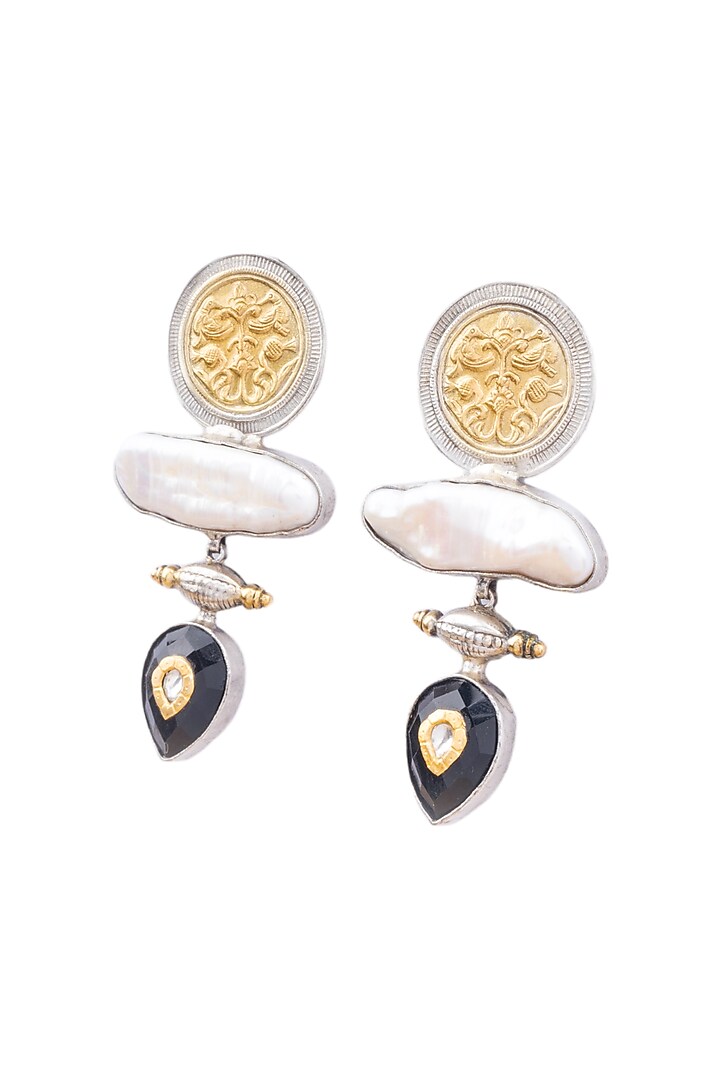 White Finish Mother Of Pearls & Black Onyx Stone Dangler Earrings In Sterling Silver by Bhatter's at Pernia's Pop Up Shop