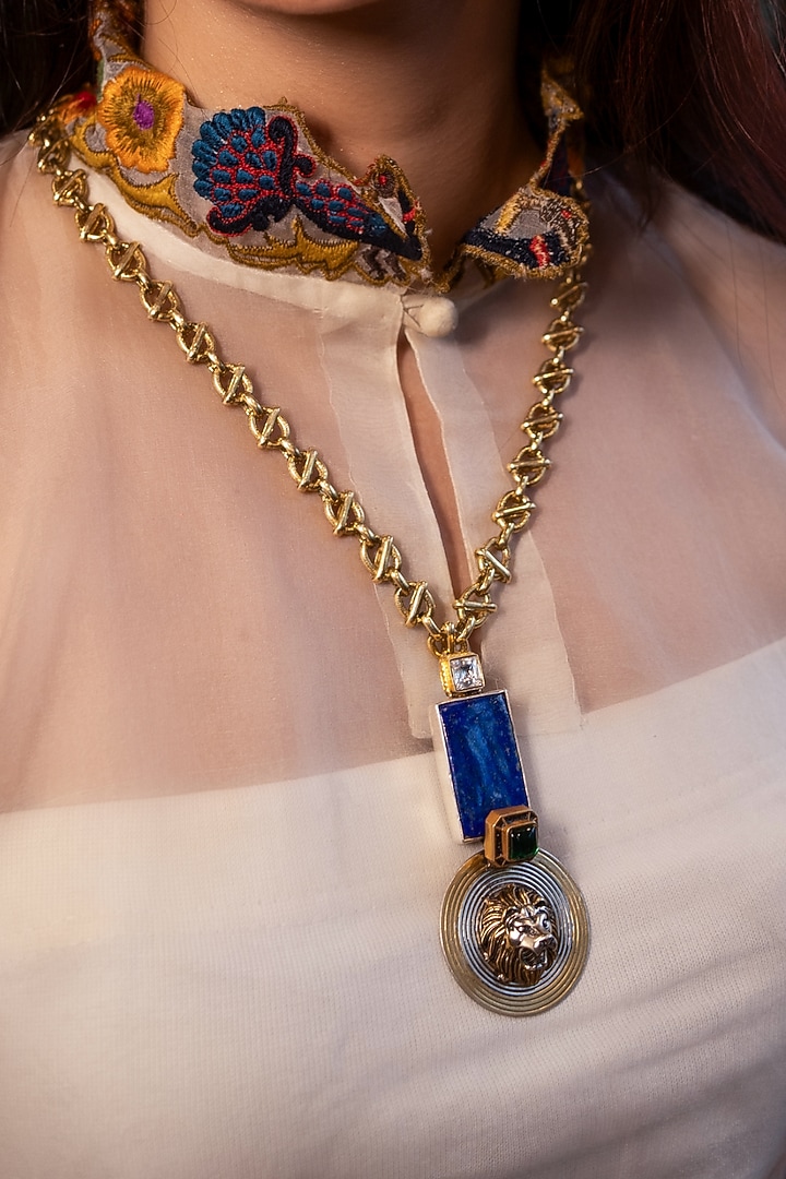 Gold Finish Blue Lapis Lazuli & Doublet Stone Long Necklace In Sterling Silver by Bhatter's at Pernia's Pop Up Shop