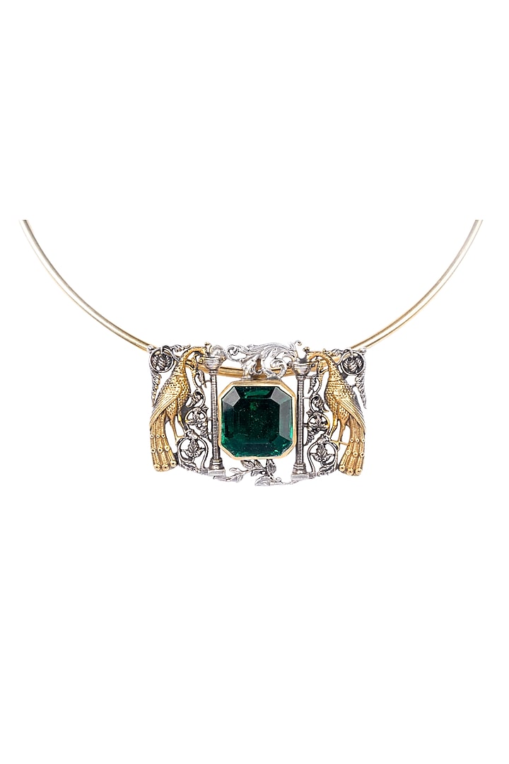 Two Tone Finish Green Doublet Stone & Peacock Motif Choker Necklace In Sterling Silver by Bhatter's