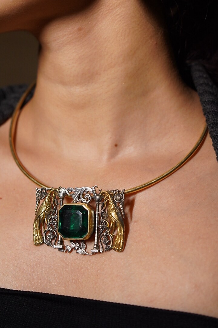 Two Tone Finish Green Doublet Stone & Peacock Motif Choker Necklace In Sterling Silver by Bhatter's at Pernia's Pop Up Shop