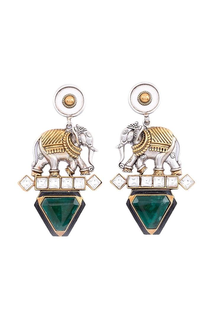 Two Tone Finish Green Doublet Stone & Kundan Polki Elephant Dangler Earrings In Sterling Silver by Bhatter's