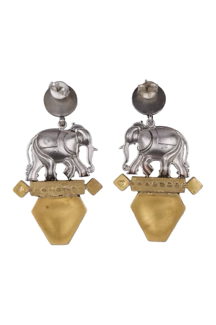 Two Tone Finish Green Doublet Stone & Kundan Polki Elephant Dangler Earrings In Sterling Silver by Bhatter's at Pernia's Pop Up Shop