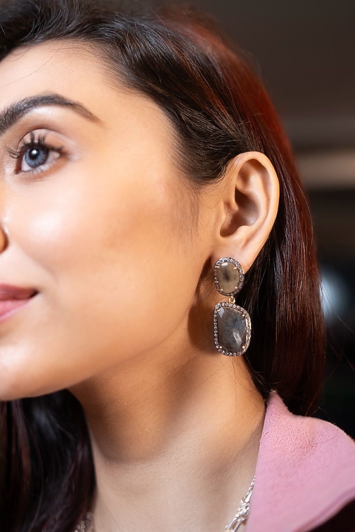 White Finish Grey Sapphire Synthetic Stone Dangler Earrings In Sterling Silver by Bhatter's at Pernia's Pop Up Shop