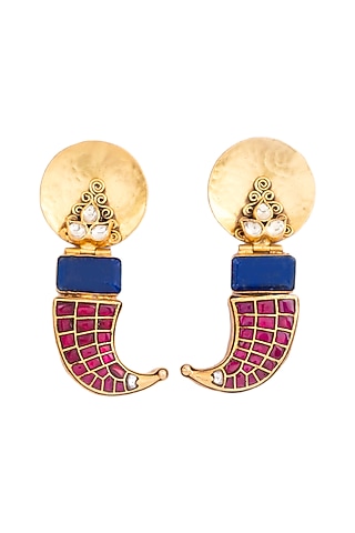 Gold Finish Blue Lapis Lazuli Stone & Red Kundan Polki Stone Stone Dangler Earrings In Sterling Silver by Bhatter's