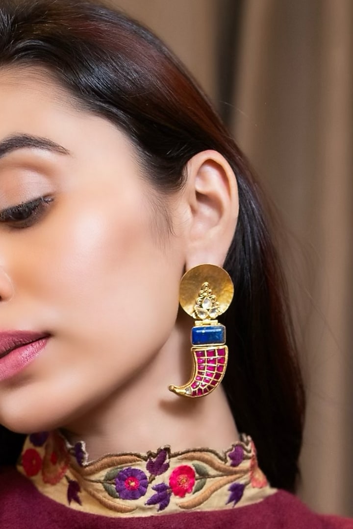 Gold Finish Blue Lapis Lazuli Stone & Red Kundan Polki Stone Stone Dangler Earrings In Sterling Silver by Bhatter's at Pernia's Pop Up Shop