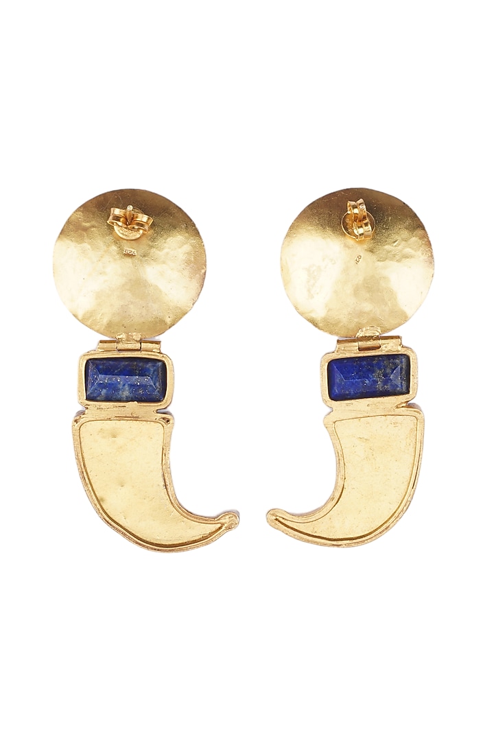 Gold Finish Blue Lapis Lazuli Stone & Red Kundan Polki Stone Stone Dangler Earrings In Sterling Silver by Bhatter's at Pernia's Pop Up Shop