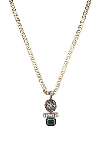 Two Tone Finish Green Doublet Stone & Kundan Polki Long Necklace In Sterling Silver by Bhatter's