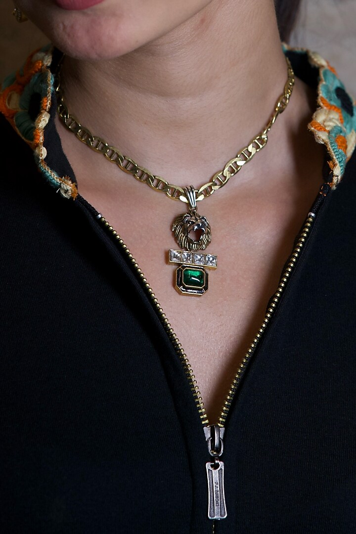 Two Tone Finish Green Doublet Stone & Kundan Polki Long Necklace In Sterling Silver by Bhatter's at Pernia's Pop Up Shop