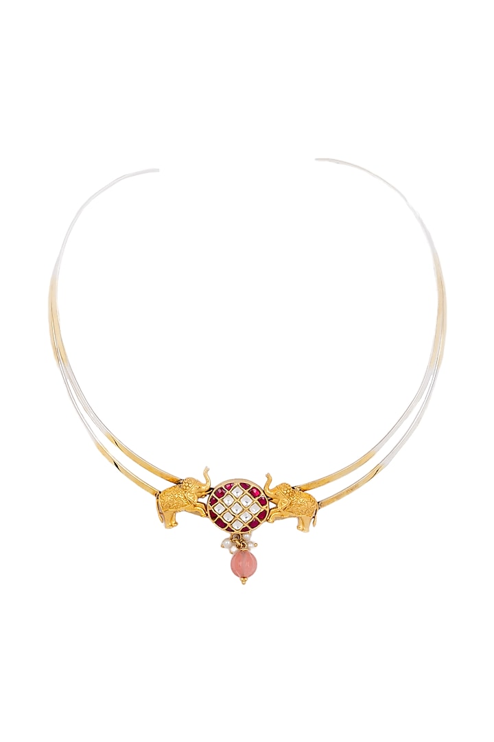 Two Tone Finish Red Kundan Polki & Elephant Motif Choker Necklace In Sterling Silver by Bhatter's