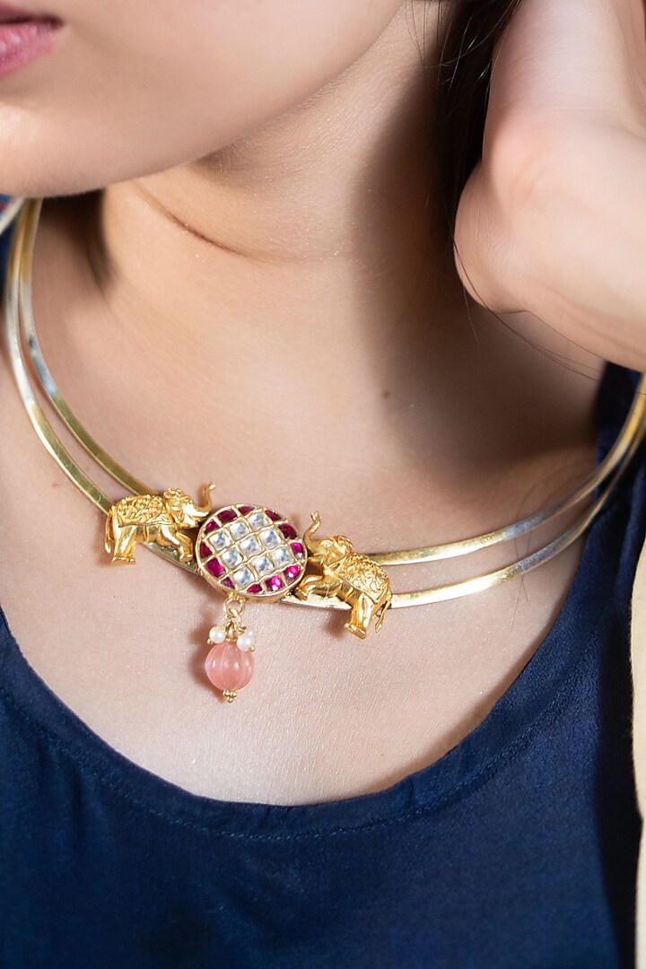 Two Tone Finish Red Kundan Polki & Elephant Motif Choker Necklace In Sterling Silver by Bhatter's at Pernia's Pop Up Shop