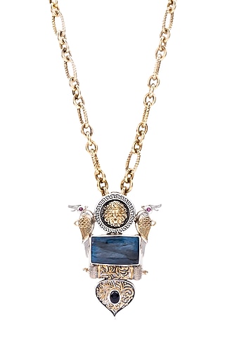 Two Tone Finish Blue Lapis Lazuli Stone & Bird Motif Long Necklace In Sterling Silver by Bhatter's
