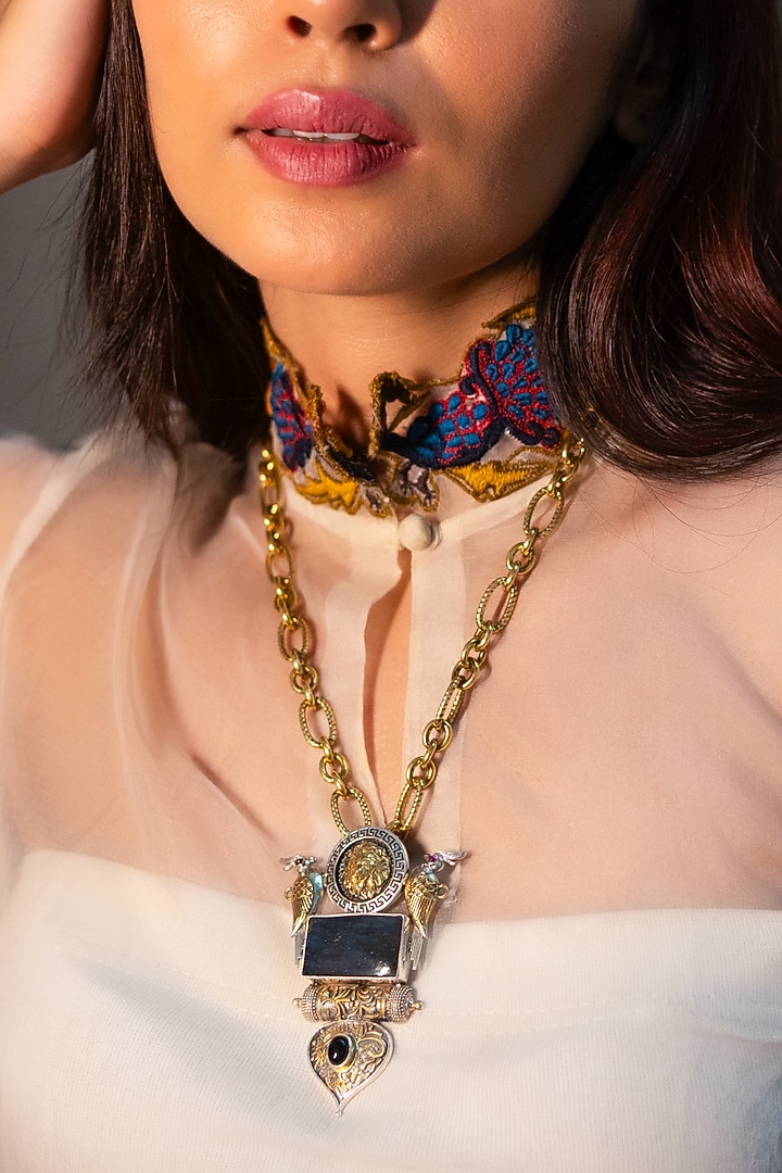 Two Tone Finish Blue Lapis Lazuli Stone & Bird Motif Long Necklace In Sterling Silver by Bhatter's at Pernia's Pop Up Shop