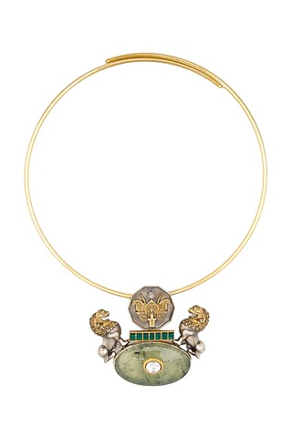 Two Tone Finish Green Prehnite Stone & Lion Motif Choker Necklace In Sterling Silver by Bhatter's