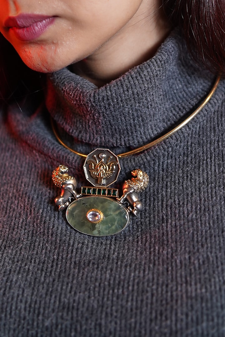 Two Tone Finish Green Prehnite Stone & Lion Motif Choker Necklace In Sterling Silver by Bhatter's at Pernia's Pop Up Shop