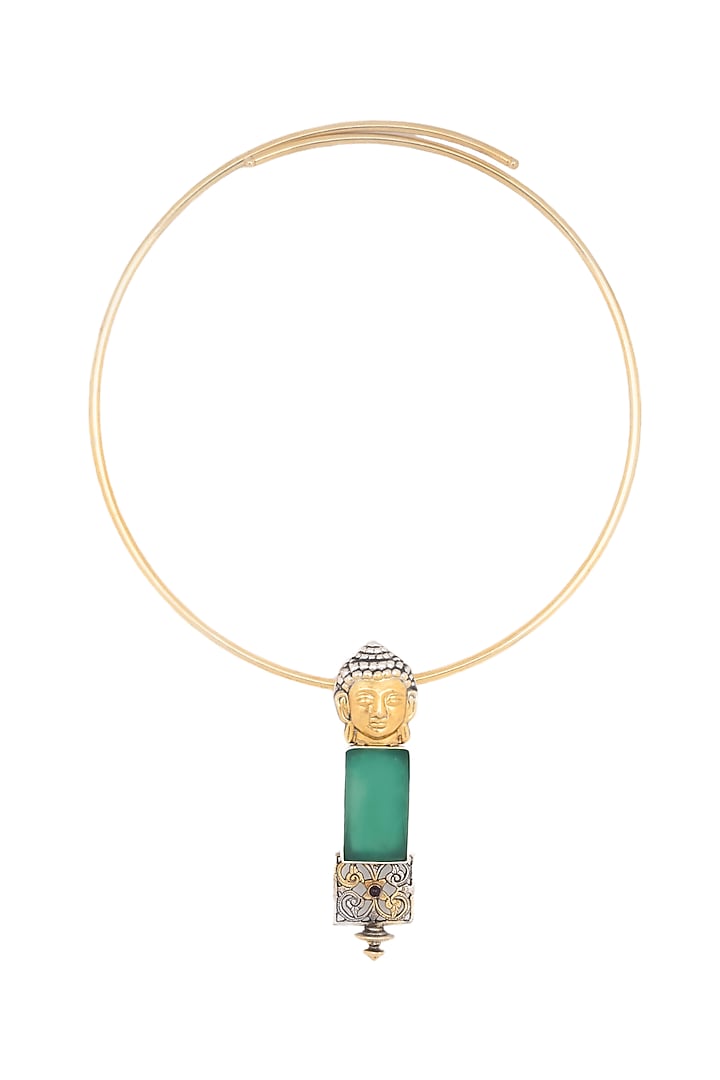 Two Tone Finish Green Onyx Stone & Lord Buddha Motif Choker Necklace In Sterling Silver by Bhatter's