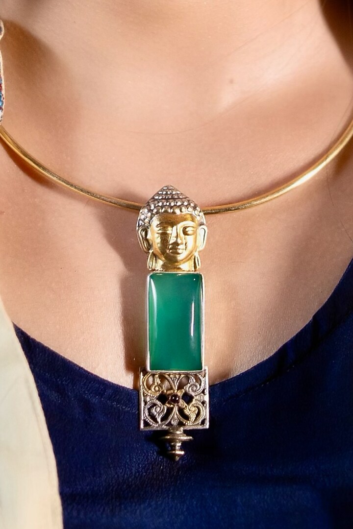 Two Tone Finish Green Onyx Stone & Lord Buddha Motif Choker Necklace In Sterling Silver by Bhatter's at Pernia's Pop Up Shop